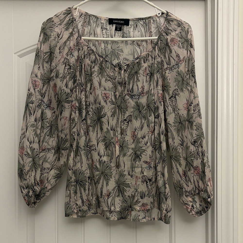 Karen Kane Shear Floral Blouse - Cream and Black Palm Print with Zebras